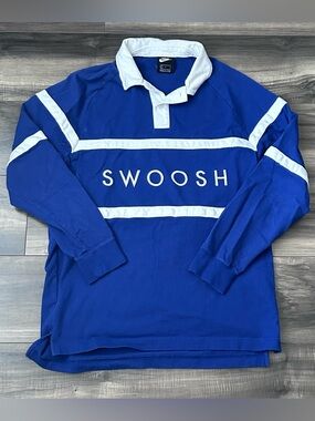 Nike Rugby Shirt Mens Large Blue White Swoosh Long Sleeve Pullover CV0169-455